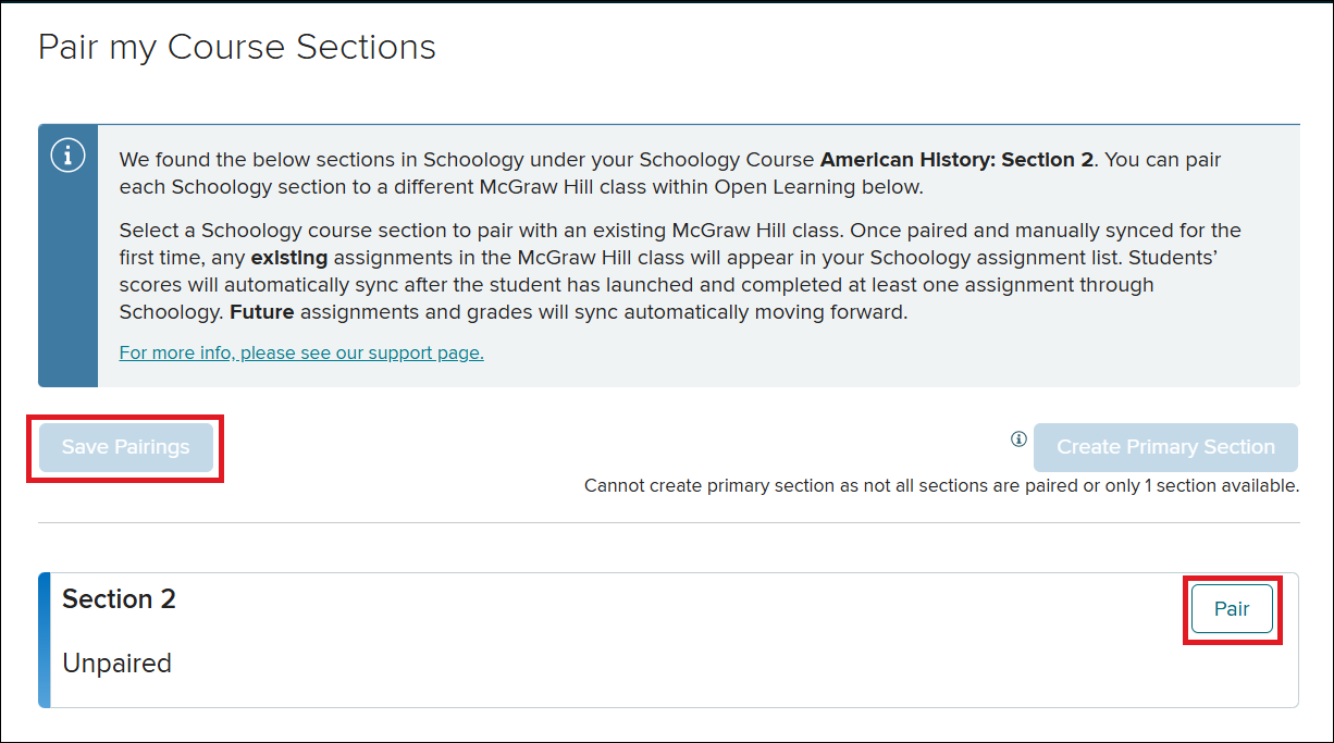 Screenshot Schoology McGraw Hill class pairing screen.