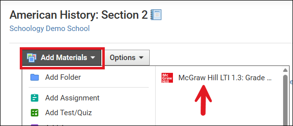 Screenshot Schoology Add Materials menu